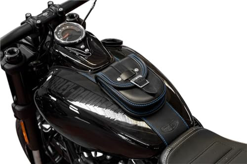Endscuoio Tankrucksack aus Leder kompatibel mit Harley-Davidson Softail Fat Bob 2018-2024, hergestellt in Italien (Blaue Nähte)