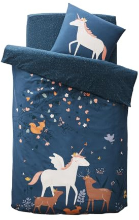 Vertbaudet Bettwäsche-Set für Kinder,Märchenwald Petrol Einhorn REH 140X200 - Kissen 63X63