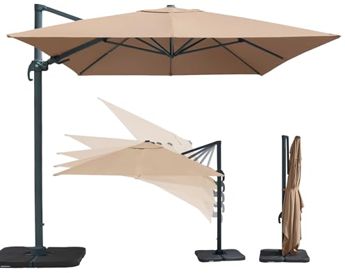paramondo parapenda Plus Ampelschirm Ampelsonnenschirm, 360° Schwenkbar, Axiale Neigung, Kurbelbedienung, Stahl-Standkreuz und Gestell in Anthrazit, Rechteckig, Creme, 3 x 4 m