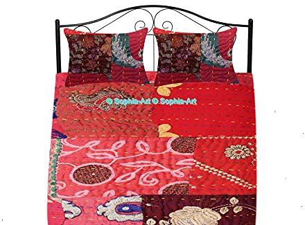 Handgefertigter Vintage-Khambadiya-Druck Hand Jari Patchwork Stickerei Kantha Quilt Home Dekorative Tagesdecke Indische Decke Coverlet Art (Rot, King Size 228,6 x 274,3 cm mit Sham Cover)