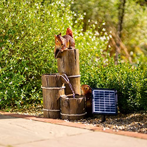 Primrose 59cm Solar Powered Helpful Squirrels 2 Tier Water Feature Garden Patio Water Cascade with LED Lights & Battery Backup in Brown