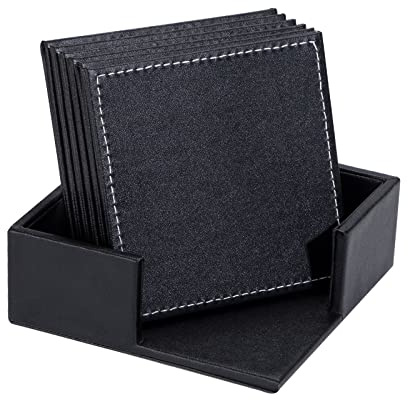 Posavasos de Cuero Cuadrado para Café PU con Soporte - Caja para Bebidas - Vasos y Tazas para Hogar, Oficina, Restaurante y Bar - 6 Piezas - Negro