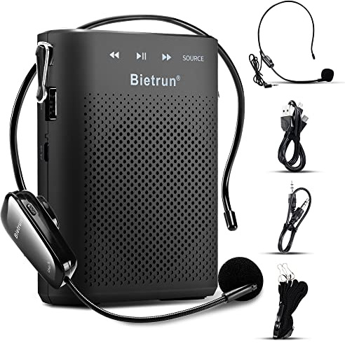 Bietrun Sprachverstärker für Lehrer mit UHF-Mikrofon-Headset, 20 W, 2000 mAh (12 Stunden), tragbar, wiederaufladbar, persönlicher Bluetooth-PA-System-Lautsprecher für Meetings mit AUX/TF-Karte/USB/FM