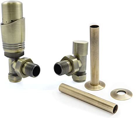 Hot Flow Antique Brass Cascade Angled Modern TRV Thermostatic Radiator Valve (Pair) Includes Angled TRV Body, One Lock Shield & Pipe Sleeve for Quick & Easy Temperature Control.