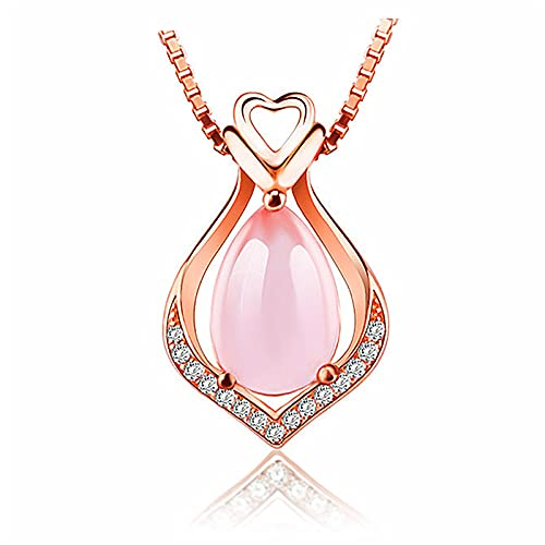 Rosenquarz-Anhänger-Halskette, Rosa Kristall, Tropfenkette, Natürlicher Edelstein, Heilendes Chakra, Opal-Stein-Schmuck für Frauen Mädchen (Roségold C)