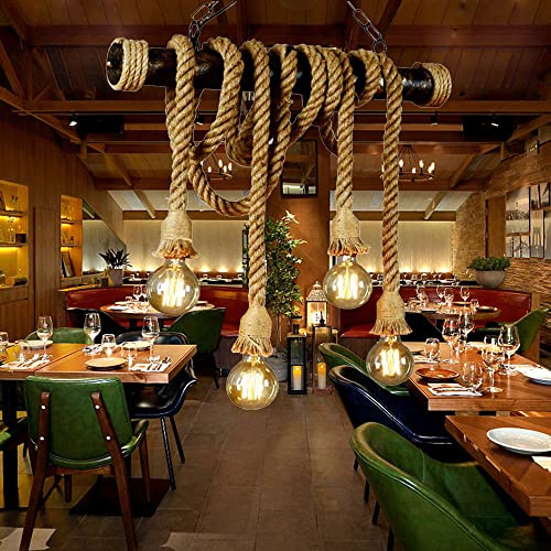 JMrider Retro Pendelleuchte Hanfseil Eisen Industrie Hängelampe E27*4 Flamme Pendellampe Höhenverstellbar Vintage Innen Wohnzimmer Hängeleuchte Bar Cafe Dekorative Beleuchtung Restaurant Kronleuchter