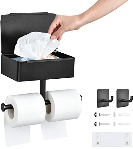 OTraki Toilettenpapierhalter Ohne Bohren Klopapierhalter mit Feuchttücherbox Edelstahl Klorollenhalter Schwarz WC Papier Halterung mit Ablage für Badezimmer Küche