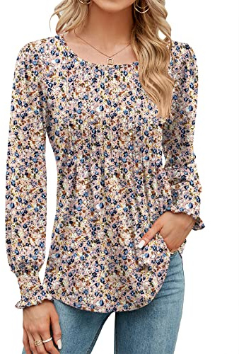 Rapbin Blouses for Women Long Sleeve Tops Pleated Tunic Shirt Spring Autumn Loose Tshirts Casual Ladies O Neck Shirts Pink Print XL