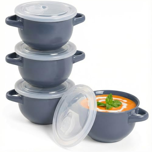 KooK Französische Zwiebel-Suppenschüsseln, Töpfe, ofenfeste Schüsseln, Suppentassen, Keramikschalen, Geschirrspüler, Mikrowelle, 4 Stück, 510 ml (Denim)
