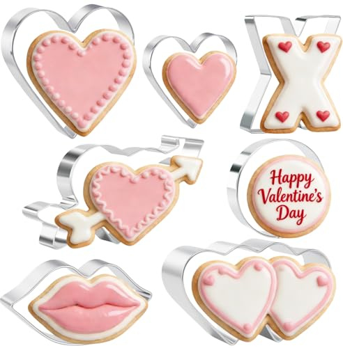 Valentine's Day Cookie Cutter Set - 7 Piece Valentine Stainless Steel Cookie Cutters Mold, Lips, Heart with Arrow, Double Heart, X and O for Couple Party Dating
