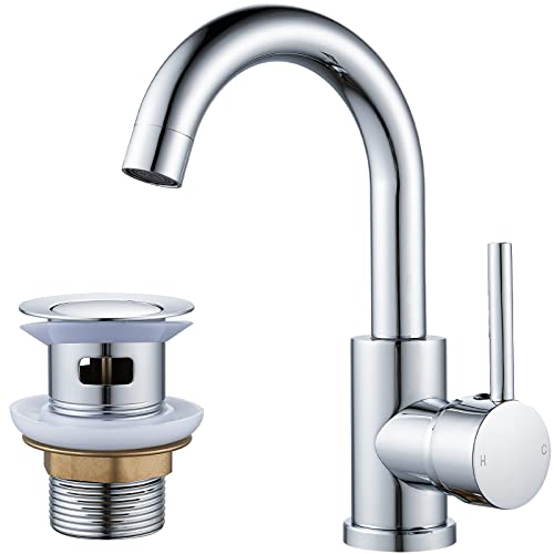 NewEast Basin Taps Mixer Single Lever Swivel Bathroom Sink Tap Chrome with Pop up Waste