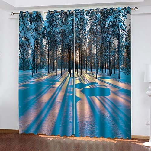 Vorhang Blickdicht Ösen Thermo Verdunkelungs Polyester Gardinen 2 Stück 3D Winterwald-Schnee-Szene Für Schlafzimmer Wohnzimmer Kinder Oder Babyzimmer 140(B)X160(H) Cm - Bedruckte Verdunkelungsvorhäng