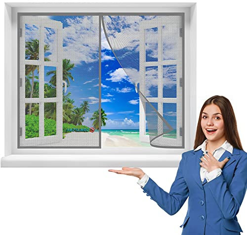 Fly Insect Screen Window 145 x 125 cm Magnetic Mesh Retractable Door Curtain - Keeps Mosquitoes Insects Bugs Out - Fits Door Up to(Gray)