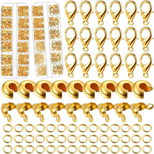 900 Pieces Jewelry Making Accessories Set with 120 Half Round Open Crimp Beads 270 Bead Tips Knot Covers 450 Open Jump Ring Connectors and 60 Lobster Claw Clasps for DIY Jewelry Bracelets Necklaces