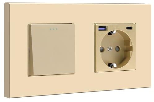 BSEED Interruptor de Pared, Interruptor de luz palanca con Panel de Plastico, 1 Gang 1 Via con Enchufe, Oro