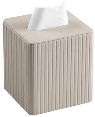 MEIBOOCH PU Leather Tissue Box Cover Square Tissue Box Holder with Magnetic Closure (Beige Stripe)