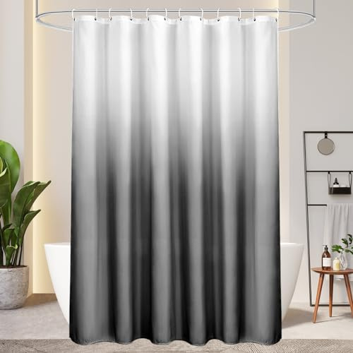 AooHome Duschvorhang 180X180cm Textil, Grau Duschvorhänge 120g/m² Farbverlauf Badvorhang Wasserdicht Waschbar Antischimmel mit 12 Duschvorhangringen(Weiß nach Schwarz)