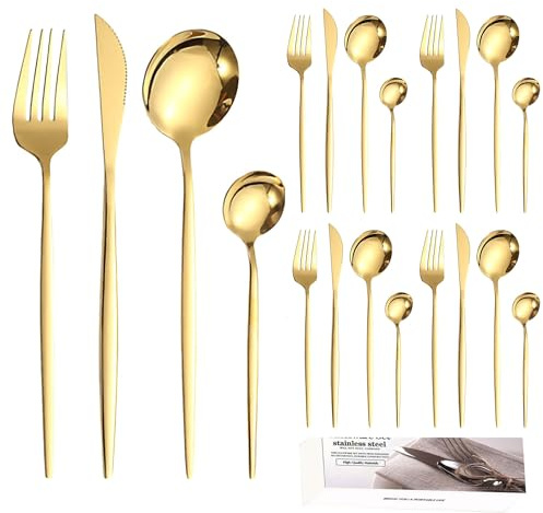 Gold Cutlery Set，20-Piece Stainless Steel Knifes and Forks Spoons Coffee Spoons Sets ，Gold Flatware Set for 5 People，Dishwasher Safe Mirror-Polished Suitable for Homes, Restaurants, Hotels