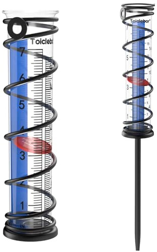 Toiclebor Regenmesser für Garten Modell RM-BS7-002 | Mit Metall-Erdspieß und Kunststoff-Messrohr, 17 Cm Messbereich, Doppel-Skala (Zoll & Cm), Roter Schwimmer