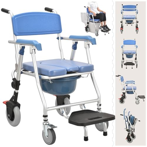 BOVDC Silla Ducha WC con Ruedas Plegable, 150kg | 4 en 1 Silla Ruedas Ducha con Inodoro, Cómoda Silla Ducha para Personas Mayores con Ruedas, Silla Baño para Personas Mayores