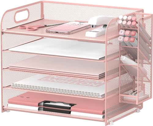SUPTIDY 5 Etagen Schreibtisch-Organizer mit Griff, Briefablage, Rosa | Papierablage und Akten-Organizer aus Netzmetall mit abnehmbaren Stifthaltern für Schreibtisch und Büro