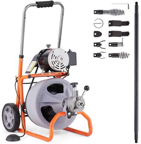 VEVOR Déboucheur Électrique de Canalisation 30 m x 0,95 cm Machine de Nettoyage de Tuyaux sur Roues Alimentation Automatique Nettoyeur de Tubes, 8 Coupeurs, Commande à Pied par Air pour Tuyaux 5-10 cm