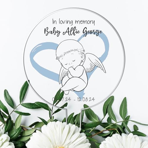 In Loving Memory Baby Angel Acrylic Grave Sign - Personalised Memorial Tribute for Baby Allie George - Blue Heart Design - Weather-Resistant Memorial Plaque