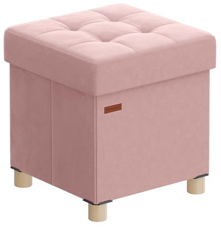 SONGMICS Pouf Contenitore, Cassapanca Pieghevole, 38 x 38 x 40 cm, Sgabello Poggiapiedi, 37 L, Superficie in Velluto, per Camera da Letto Soggiorno, Rosa Pastello LSF0516R01