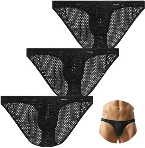 AIEOE Biancheria intima a rete da uomo confezione da 3 traspirante trasparente mini slip vita bassa sexy sottile lingerie maschile, Nero , L