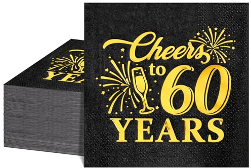 50 Stück 3-Lagige Servietten 60. Geburtstag, 25 x 25 cm Geburtstagsservietten Servietten Schwarz Gold, Papierservietten für Mann Frau 60 Geburtstag Deko