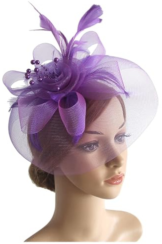 Fascinator Hut Stirnband Hochzeit Hut Haarreif für Mädchen, Frauen, Damen, Mesh Schleier Stirnband 1920er Jahre Damen Kopfschmuck Fascinator Hochzeit Teeparty Kopfschmuck 50er Jahre (Purple, One Size)