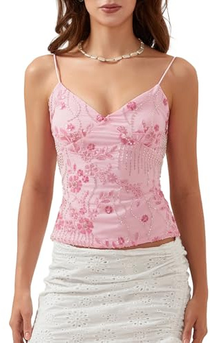 Amiblvowa Women Y2K Sequin Cami Top Sexy V Neck Open Back Criss Cross Straps Tank Cute Sparkle Backless Low Cut Summer Crop Tops Trendy Sparkly Embellished Beaded Shimmer Going Out Tops Pink