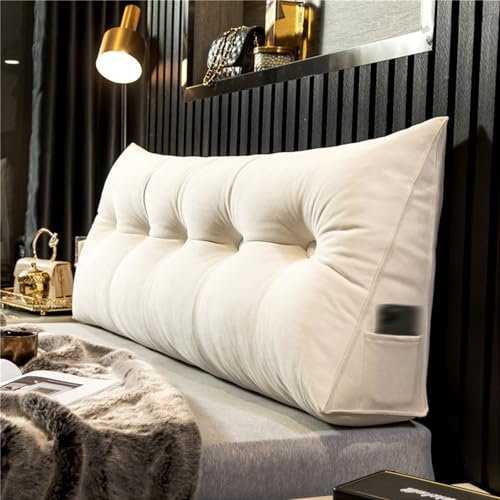 Luxus Keilkissen für Bett oder Sofa mit Tasche - Großes Lendenwirbelstützkissen waschbar - Weiß - 100 x 50 x 20 cm