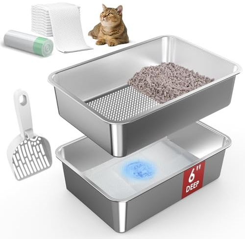 19.65''x13.75''x6'' Stainless Steel Litter Tray, Open Top Sifting Litter Box for Pine Pellets, Metal Cat Litter Box Pan Tray System with Scoop and Pee Pad, Odor Control, Low Dust, Easy Cleaning
