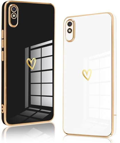 Vauki 2 Stück für Xiaomi Redmi 9AT/Redmi 9A Hülle, Weich TPU Silikon Handyhülle Herz Motiv Schutzhülle Kameraschutz Stoßfest Bumper Case Jungen und Mädchen Cute Cover, Schwarz & Weiß