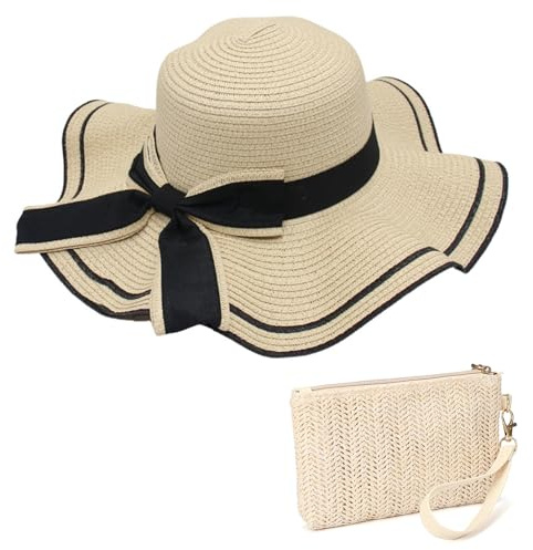 Marjoramy Cappello di Paglia a Falda Larga e Borsa da Polso, Pochette da Donna, Set da Spiaggia e Tesa Larga per Viaggi Estivi