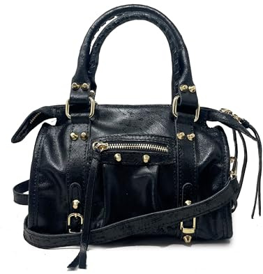 Borsa a Mano Alla Moda Piccola con Tracolla da Donna in Pelle Spatolata con Borchie (Nero)