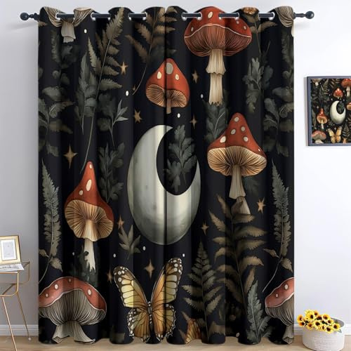 Cortinas Opacas con Estampado Fantasía Hongo Luna75An X 166Al Cm (2 Paneles) con Ojales Metálicos, Reducción De Luz Y Ruido, Aislante Térmico para Dormitorio O Sala De Estar Rojo Blanco