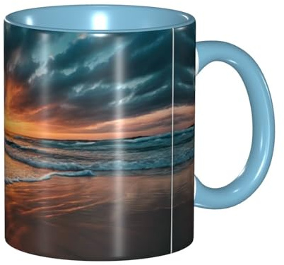 DZBDWZXH Tazas de café de cerámica azul cielo de 325 ml, (puesta de sol de olas de playa), taza de café de restaurante para café, capuchino, té, cacao, cereales