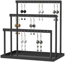 Adugay 3 Tier Jewelry Earring Organizer Holder,Large And Small Stud Earring Tabletop Storage Display Stand For Girls,Hanging Dangle Earring Towers For Selling,Jewelry Rack For Vendors (Black)