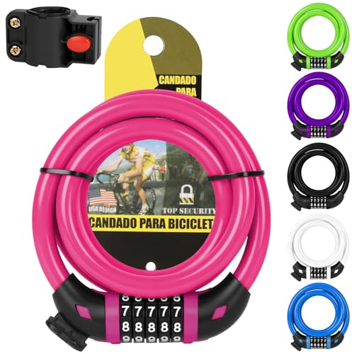 Ainiv Lucchetti per Bicicletta, Lucchetto per Bicicletta Portatile, Password a 5 Cifre 120CM Catena Bici, per Varie Bici, Scooters, Cancelli, Recinzioni - Rosa