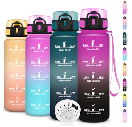 Grsta Gourde 1l, Gourde Sport, Facile à Nettoyer, Bouteille Graduée pour 1 Journee, Avec Slogan de Motivation, Bouteille Plastique avec Marqueur de Temps, pour Running, Bureau, École, Sport, Voyage