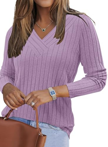 PLOKNRD Pull Femme Léger Col en V Manches Longues Chic et Élégant Automne-Hiver Tricot Haut Lilas XL