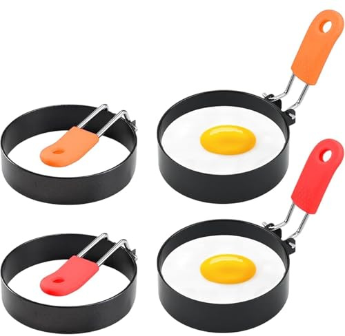 4Pcs Egg Rings for frying, Non-Stick Fried Mould Anti-Scald Folding Handle, Stainless Steel fried egg ring, Mini Burger Patty for Household Kitchen Cooking Frying(Multicolor)