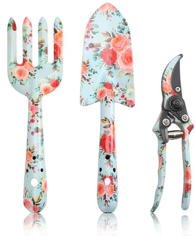 Hinourisha Lot de 3 outils de jardin avec impression - Sécateur - Pelle de jardin - Griffe de jardin - Cadeau d'anniversaire pour les femmes et les amateurs de jardin