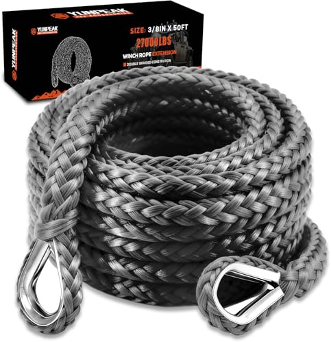 YUNPEAK Synthetic Winch Rope Line, 3/8 Inch x 50 Ft 27,000 LBS Winch Rope Extension,Synthetic Winch Extension Cable Line for Off Road Vehicle ATV UTV SUV Jeep （Gray）