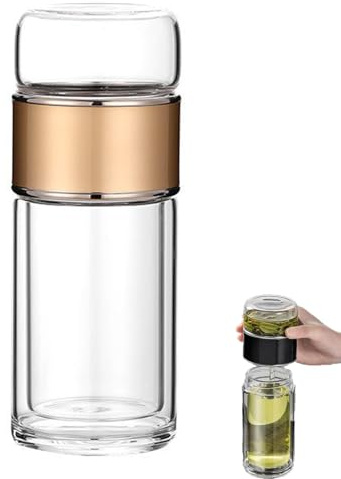 Tetera de cristal con colador separador, vidrio de borosilicato de doble pared con colador de acero inoxidable, fácil de girar y tirar para té suelto, para casa, oficina y viajes (D, 350 ml)