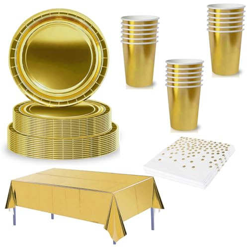 65 Stück Partygeschirr, Einweggeschirr Set mit Pappteller Pappbecher Servietten Tischdecke Plastik, Golden Papiergeschirr Set für Geburtstag, Jubiläum, Hochzeit, Weihnachten, Bachelorette Party Deko