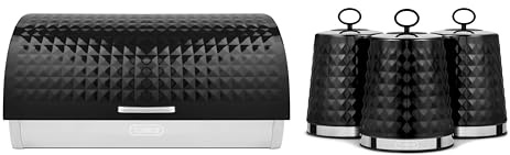 Tower Solitaire Roll Top Bread Bin and Set of 3 Canisters, Mirror Finished Steel Lid with Round Loop, Airtight, Black