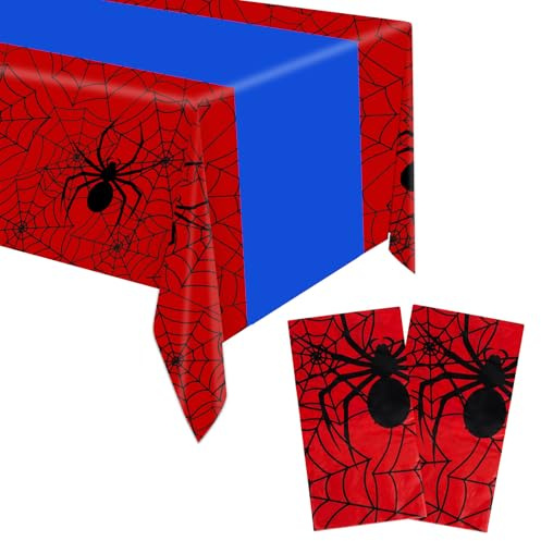SAVITA 2 Nappes Araignées, 2,74x1,37m Nappe d'anniversaire Araignée Nappe Imperméable Rouge et Bleue Décorations de Fête pour Anniversaires d'hommes et de Femmes